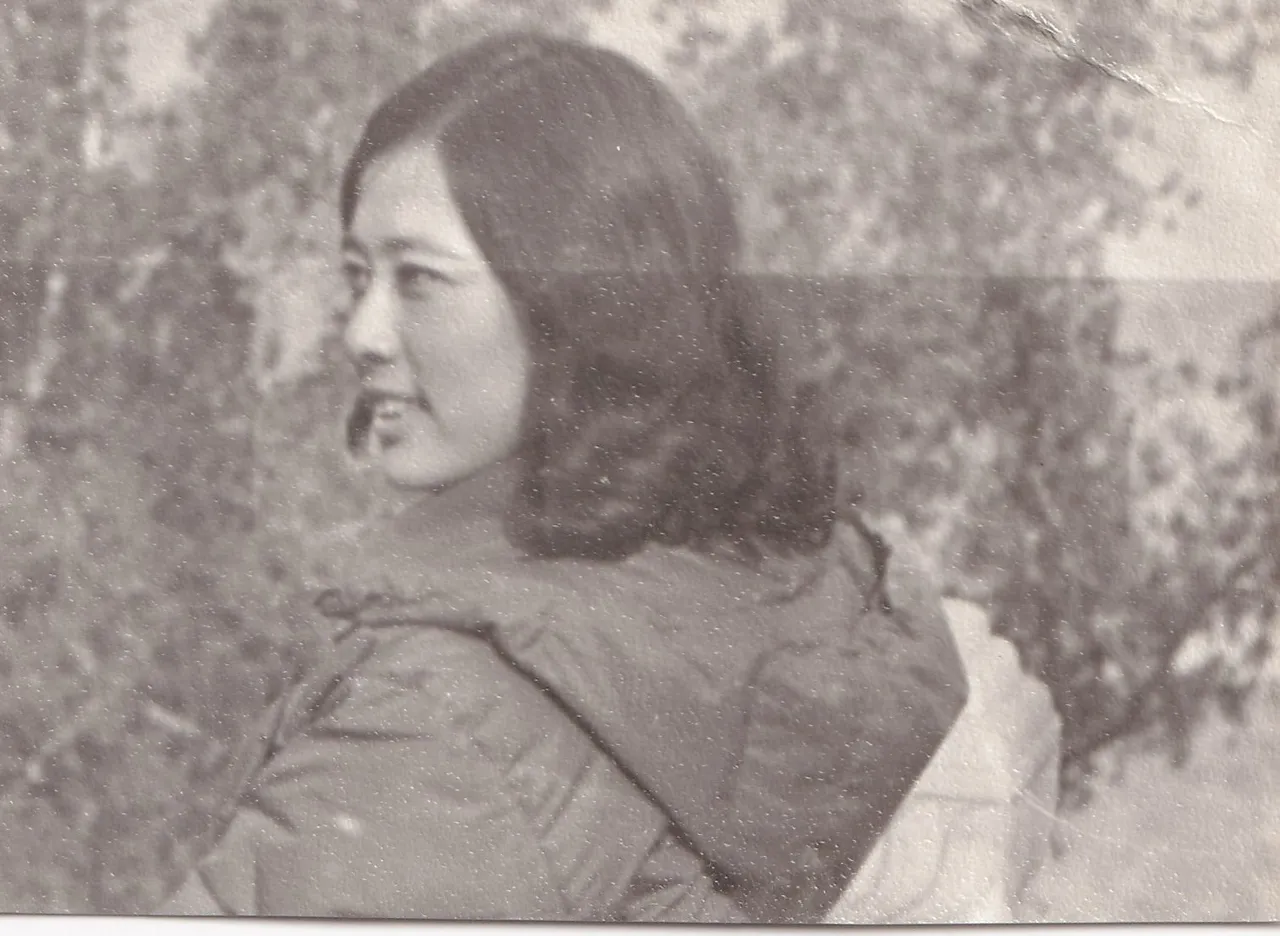 第1幅：花木旁回望的女子。