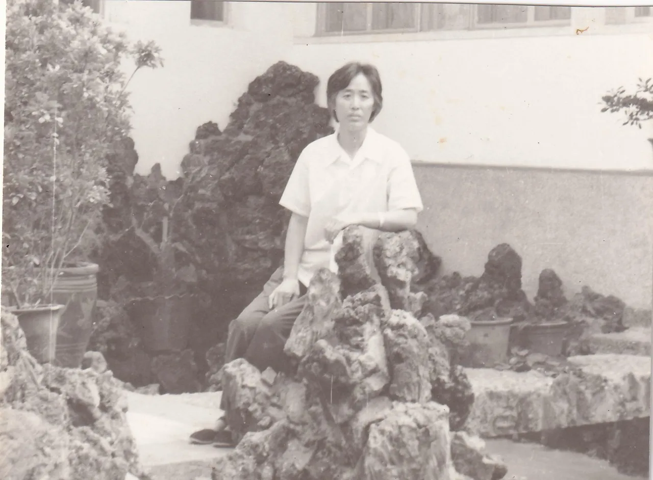 第1幅：假山旁白衬衫女子坐像。