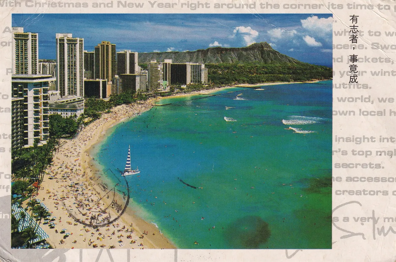 威基基海滩节日祝福明信片_正背，正面。